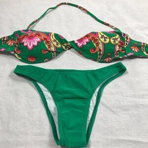 Recco Size Large Green Brazilian Bright Floral Print Bikini Set. New With Tags.